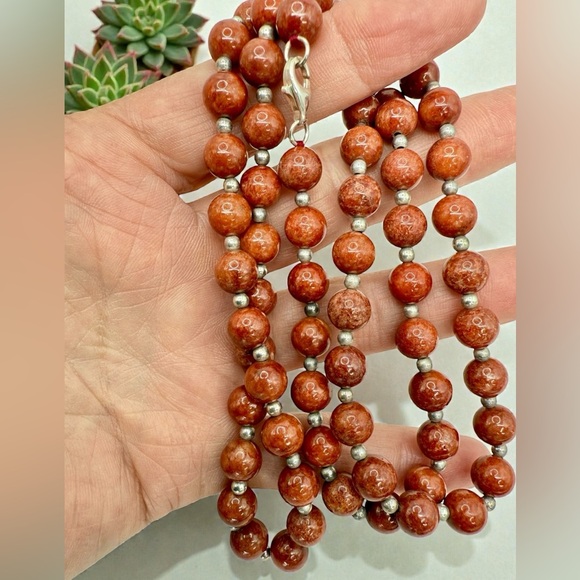 Sterling Silver Red Jasper Beaded Necklace – 30” Natural Gemstone Strand - Picture 9 of 17